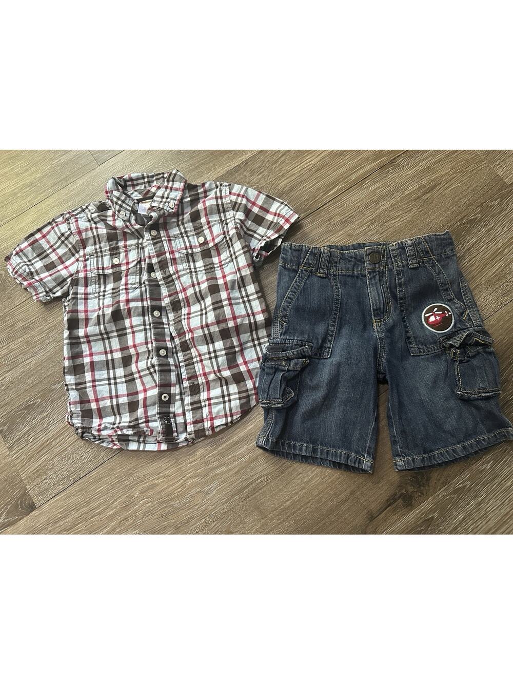 Gymboree Rescue Team 4T Helicopter Plaid Shirt & Denim Shorts Set EUC